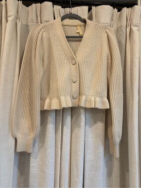 LoveShackFancy Cream Button-Front Puff Sleeve Cardigan